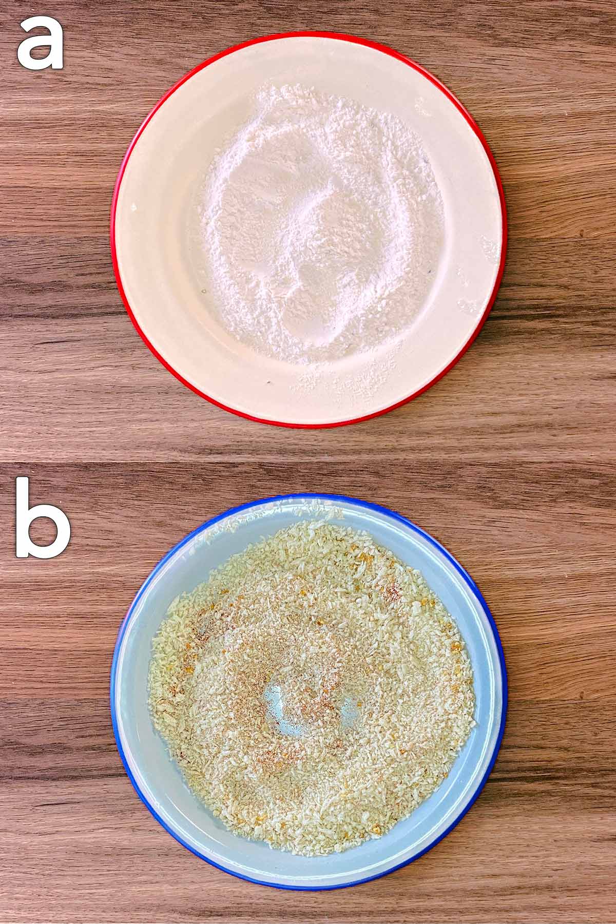 Two shot collage of a plate of flour and a plate of breadcrumbs.