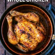 Air fryer whole chicken with a text title overlay.