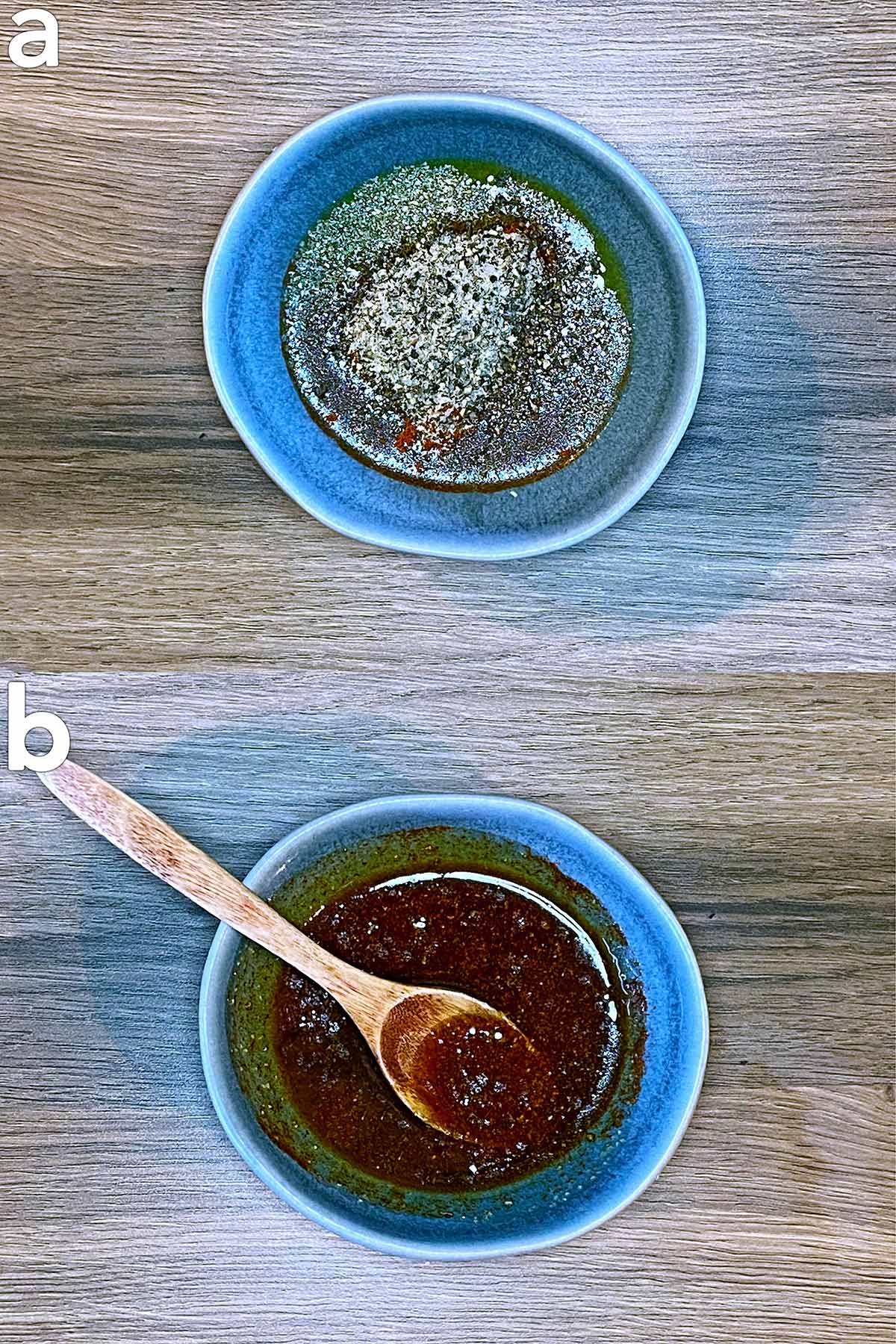 Two shot collage of oil, garlic and paprika in a bowl, before and after mixing.