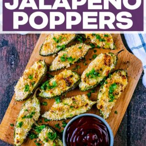Baked jalapeno poppers with a text title overlay.