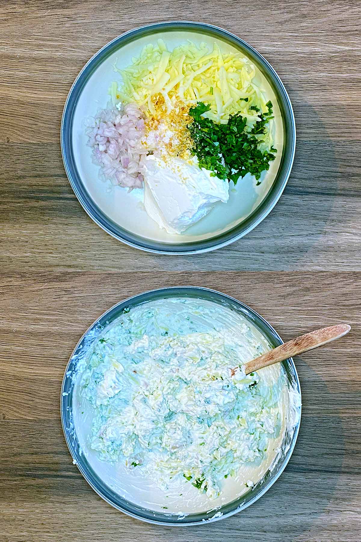 Two shot collage of a bowl containing cream cheese, cheddar, shallot, coriander, onion powder, garlic powder and salt. Then mixed together.