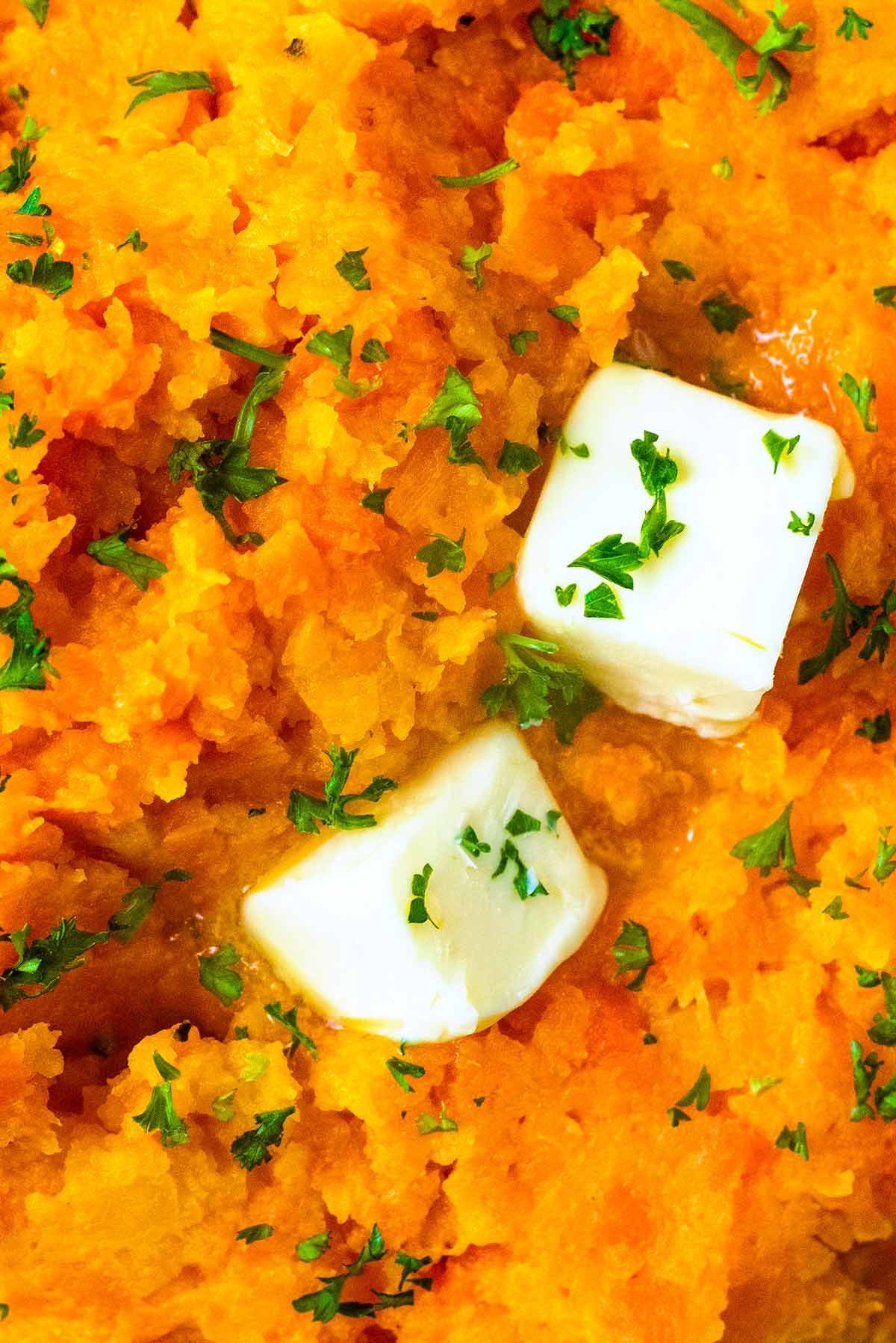 Two pats of butter melting on some carrot mash.