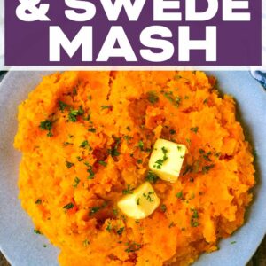 Carrot and swede mash with a text title overlay.