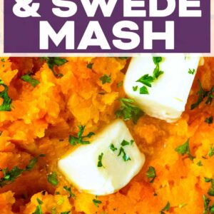 Carrot and swede mash with a text title overlay.