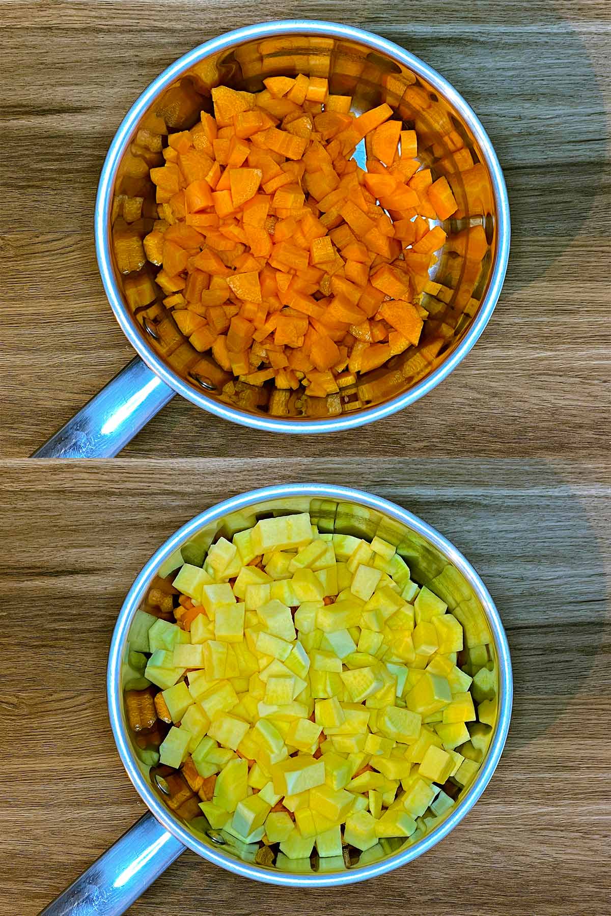Two shot collage of chopped carrot in a pan, then chopped swede added.
