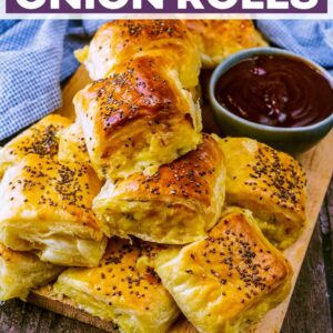 Cheese and onion rolls with a text title overlay.