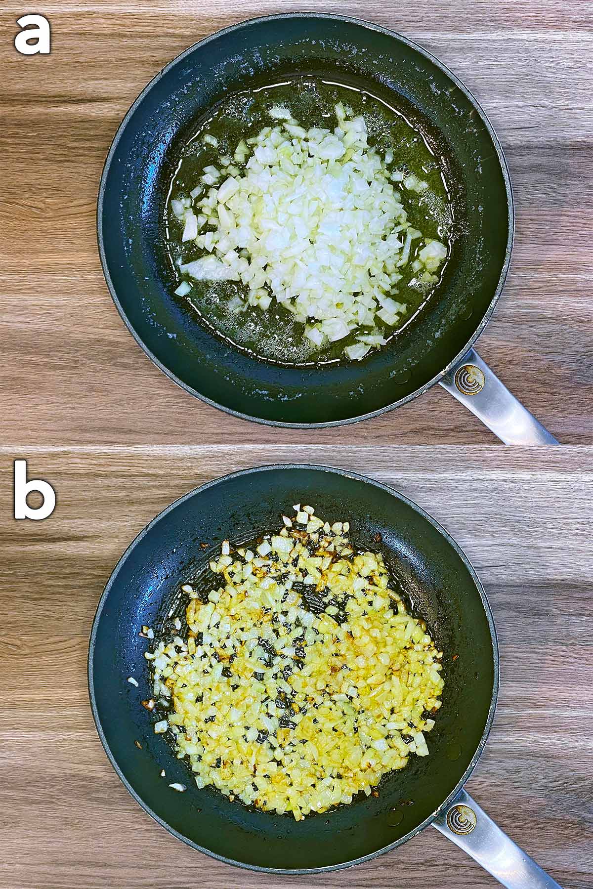 Two shot collage of chopped onions in a pan, before and after cooking.
