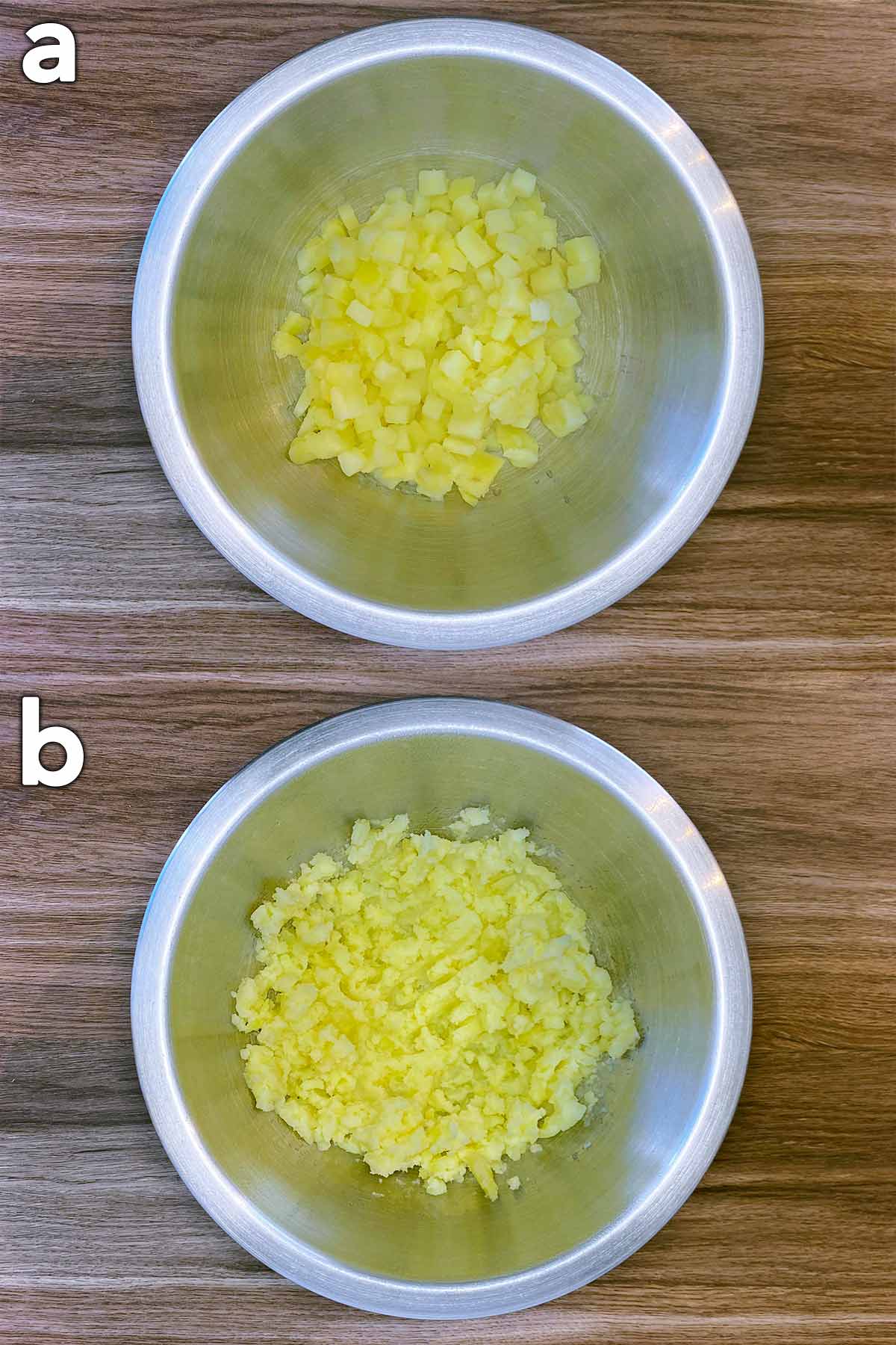 Two shot collage of cooked potatoes in a bowl, before and after mashing.