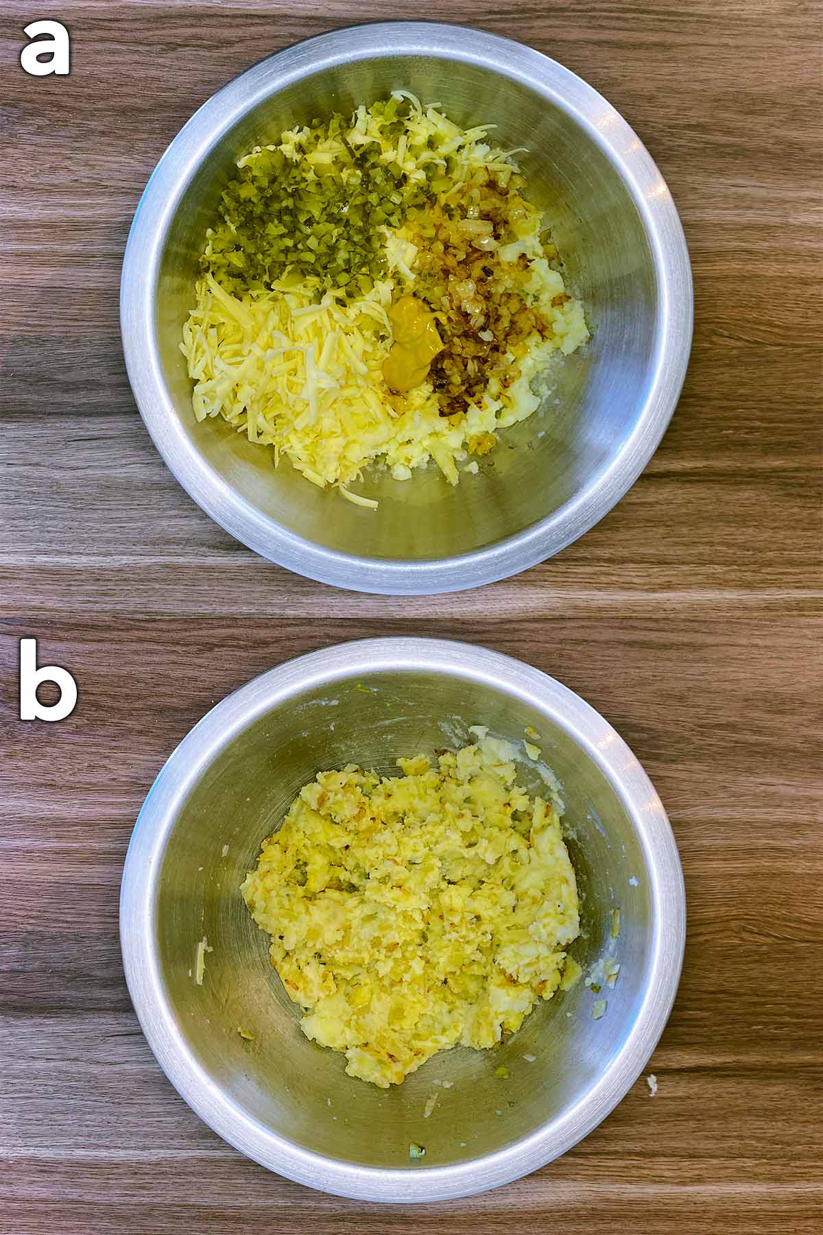 Two shot collage of onions, cheese, gherkins and mustard added to the bowl, then all mixed together.