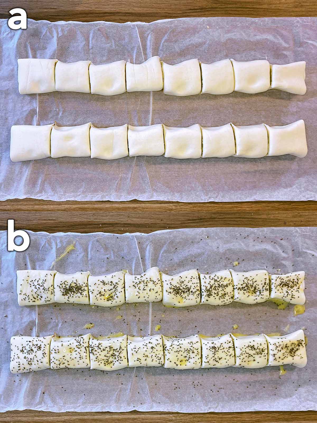 Two shot collage of the rolls cut into eight pieces each, then egg washed and sprinkled with chia seeds.