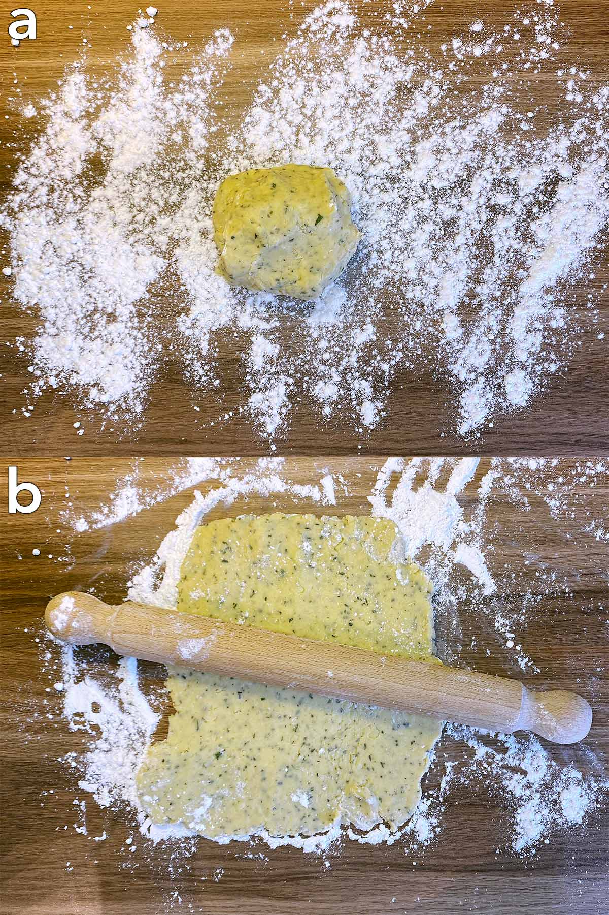 Two shot collage of a ball of dough on a floured surface, then rolled out.