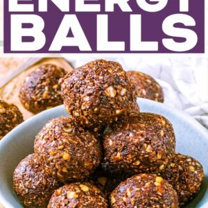 No bake chocolate energy balls with a text title overlay.