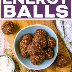 No bake chocolate energy balls with a text title overlay.