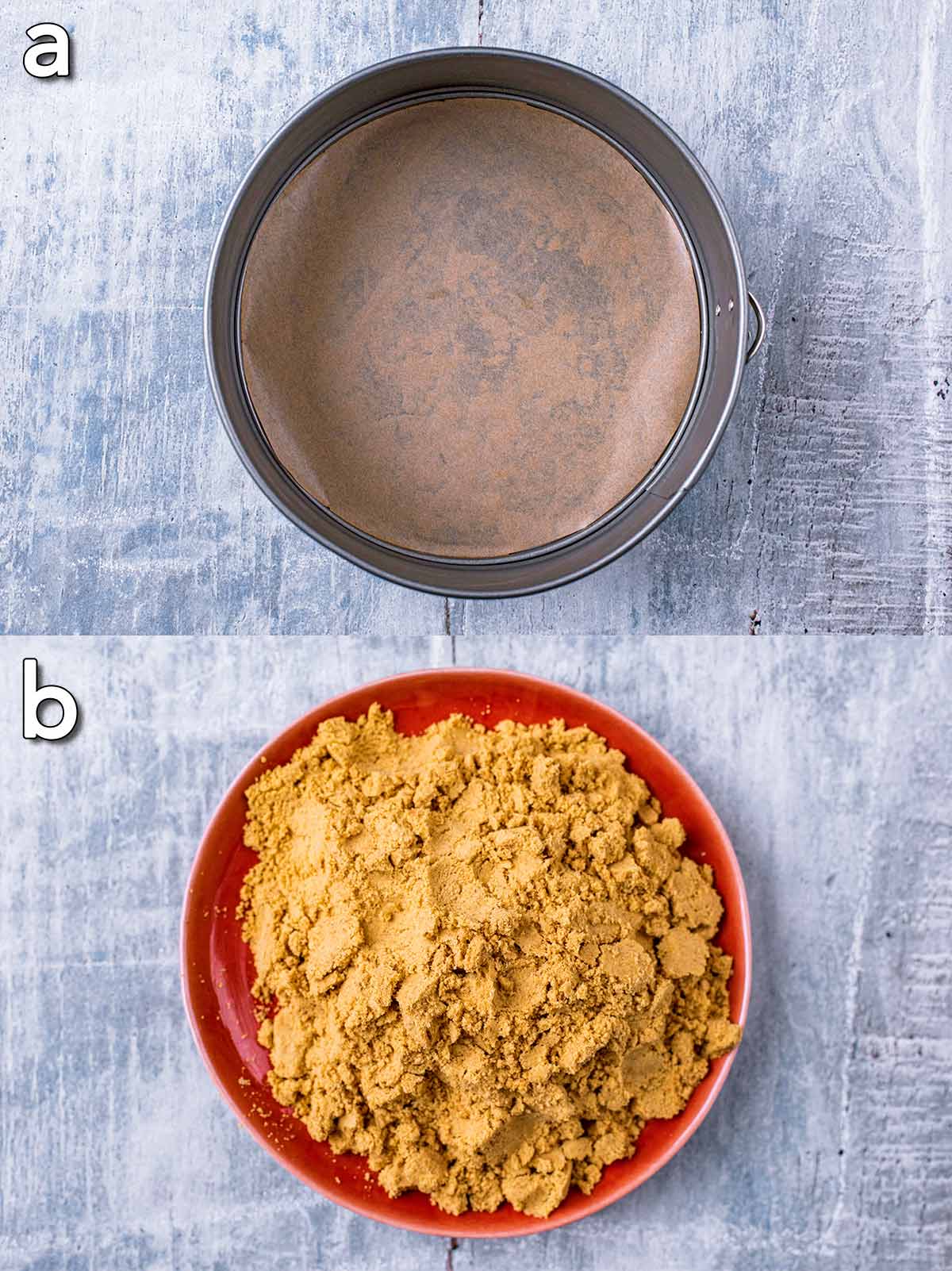 Two shot collage of a cake tin with baking paper at the bottom and a plate with crushed biscuits.