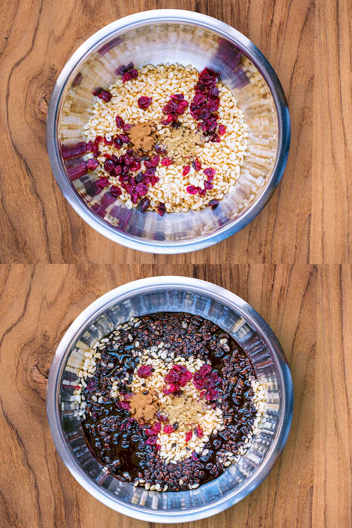 Two shot collage of a mixing bowl with rice cereal, dried cranberries and spices, then with melted chocolate added.