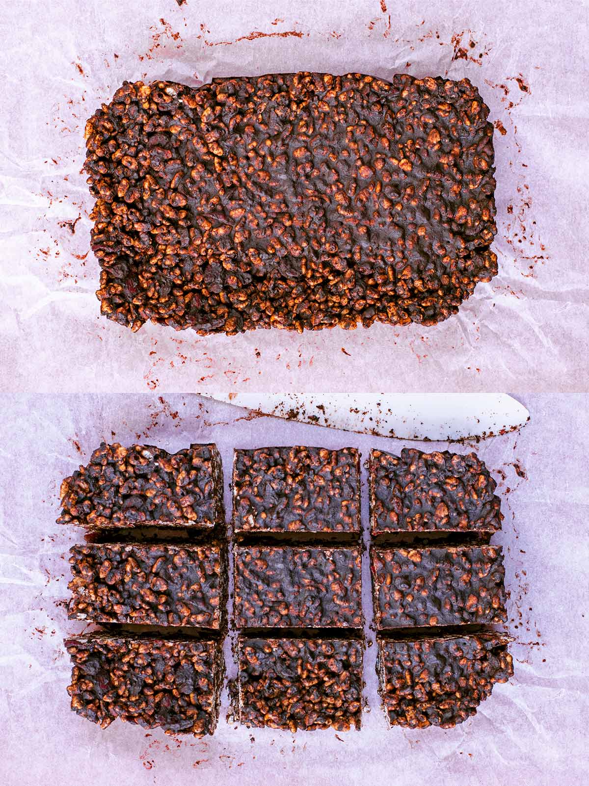 Two shot collage of the chilled tray of mixture then it cut into nine bars.