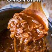 Onion gravy with a text overlay title.