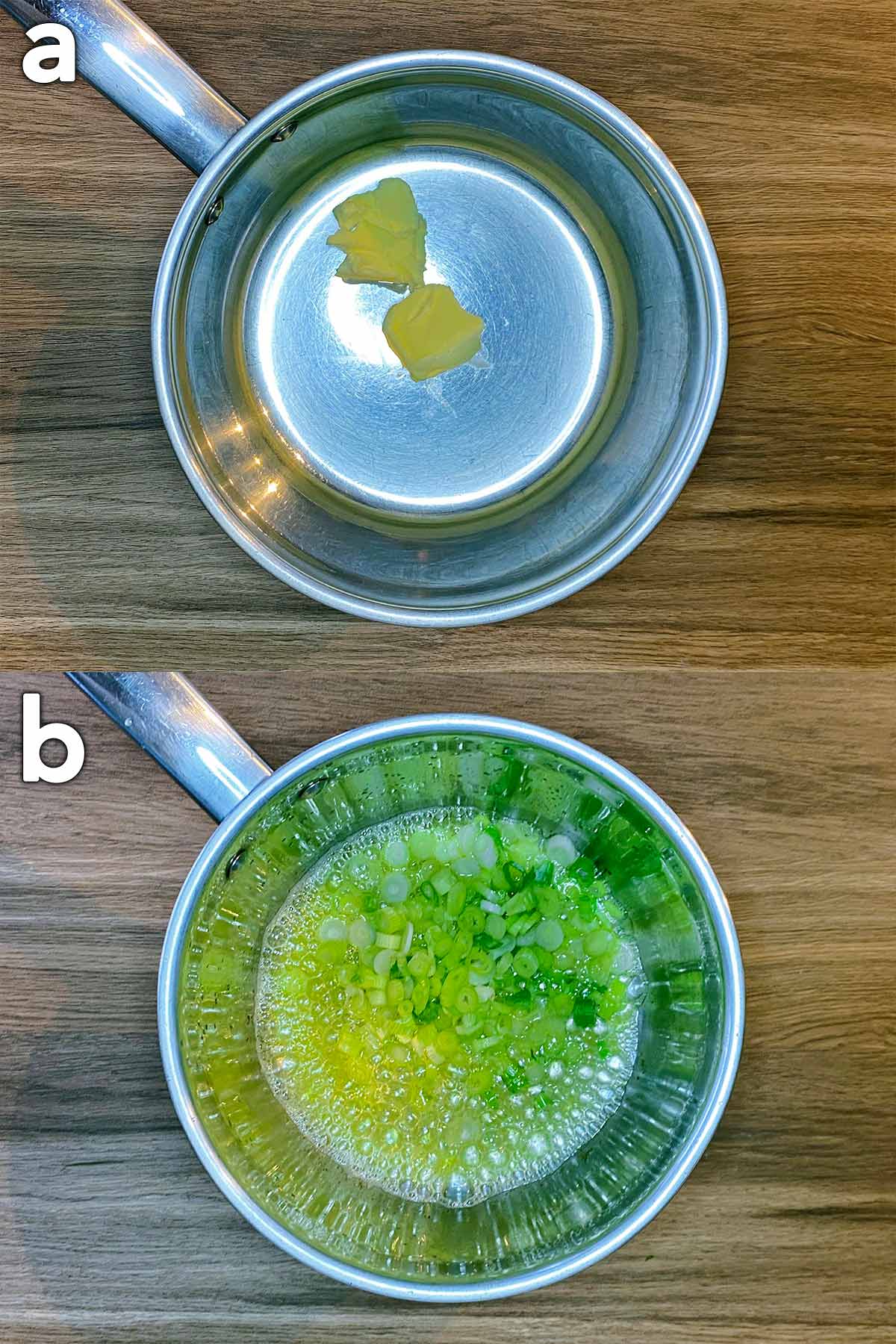Two shot collage of butter in a pan then with chopped spring onions in it.