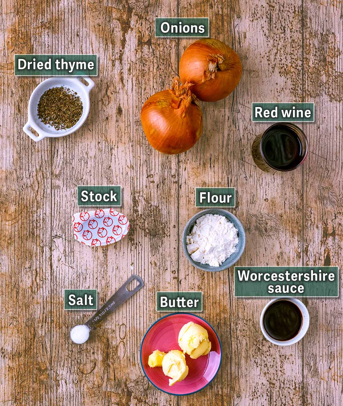 All the ingredients needed for this recipe with text overlay labels.
