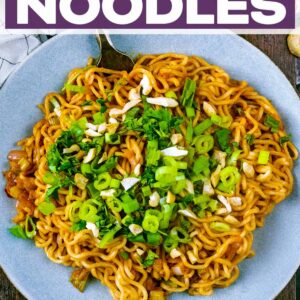 Spicy noodles with a text title overlay.