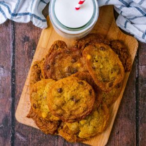 Air fryer cookies on a wooden serving board.