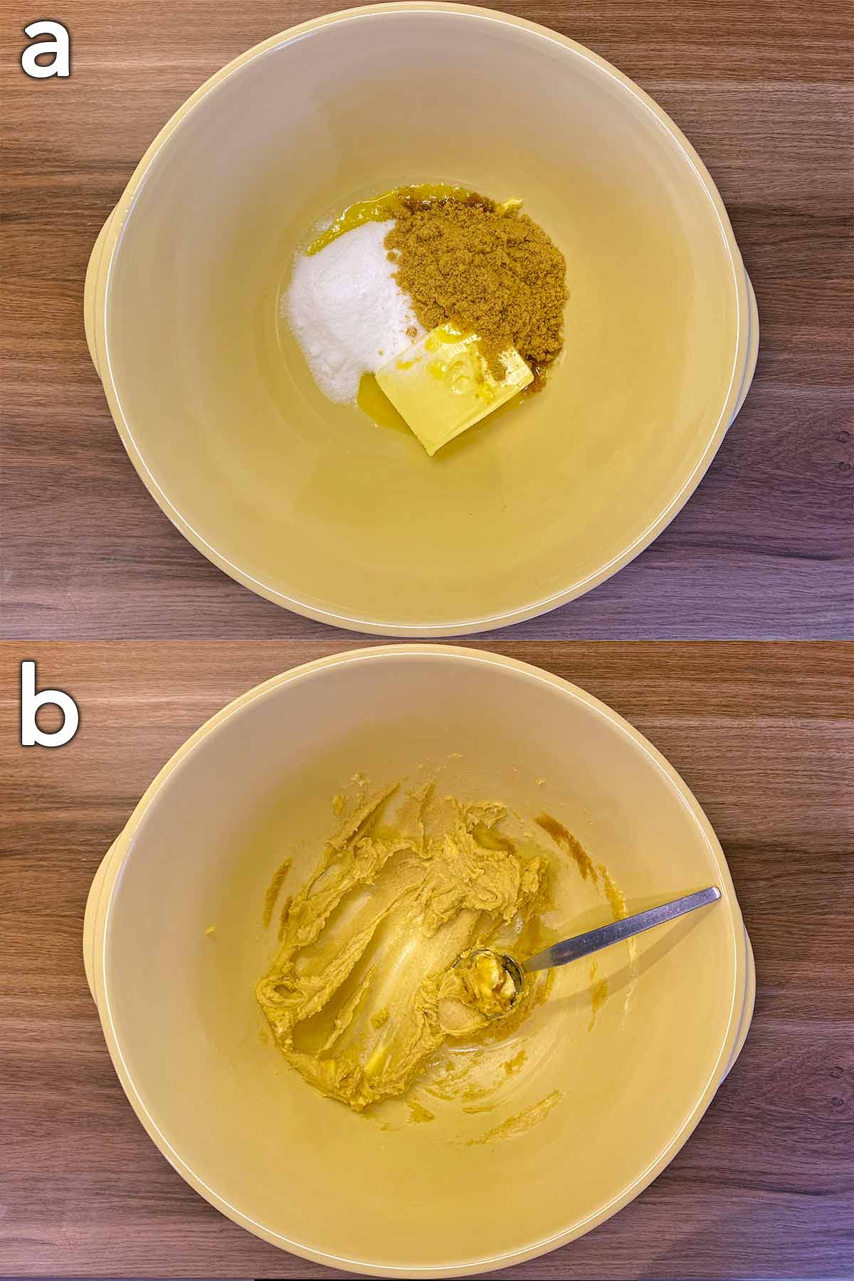 Two shot collage of butter and sugar in a mixing bowl, before and after mixing together.
