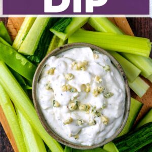Blue cheese dip with a text title overlay.