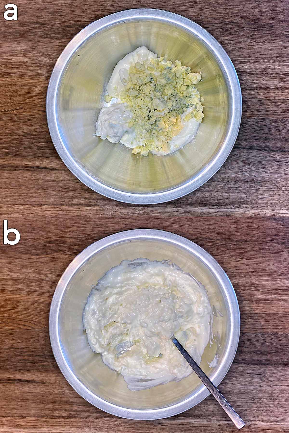 Two shot collage of cream, mayo, yogurt and cheese in a bowl, before and after mixing.