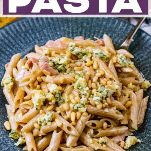 Blue cheese pasta with a text title overlay.