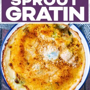 Brussels sprouts gratin with a text title overlay.