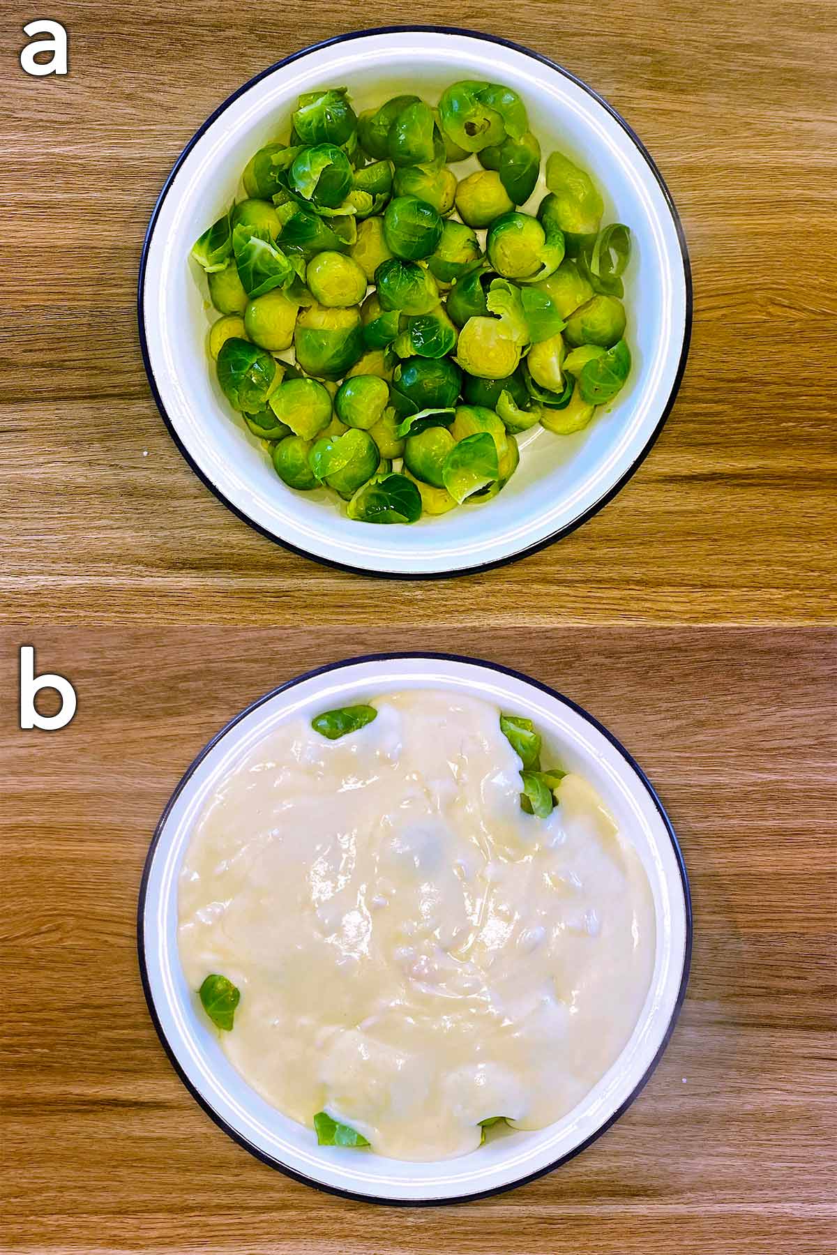 Two shot collage of sprouts in a baking dish, then covered with cheese sauce.