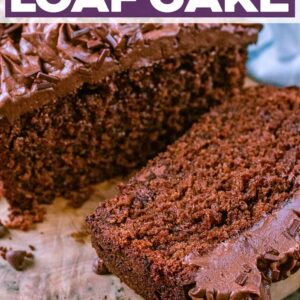 Chocolate loaf cake with a text title overlay.