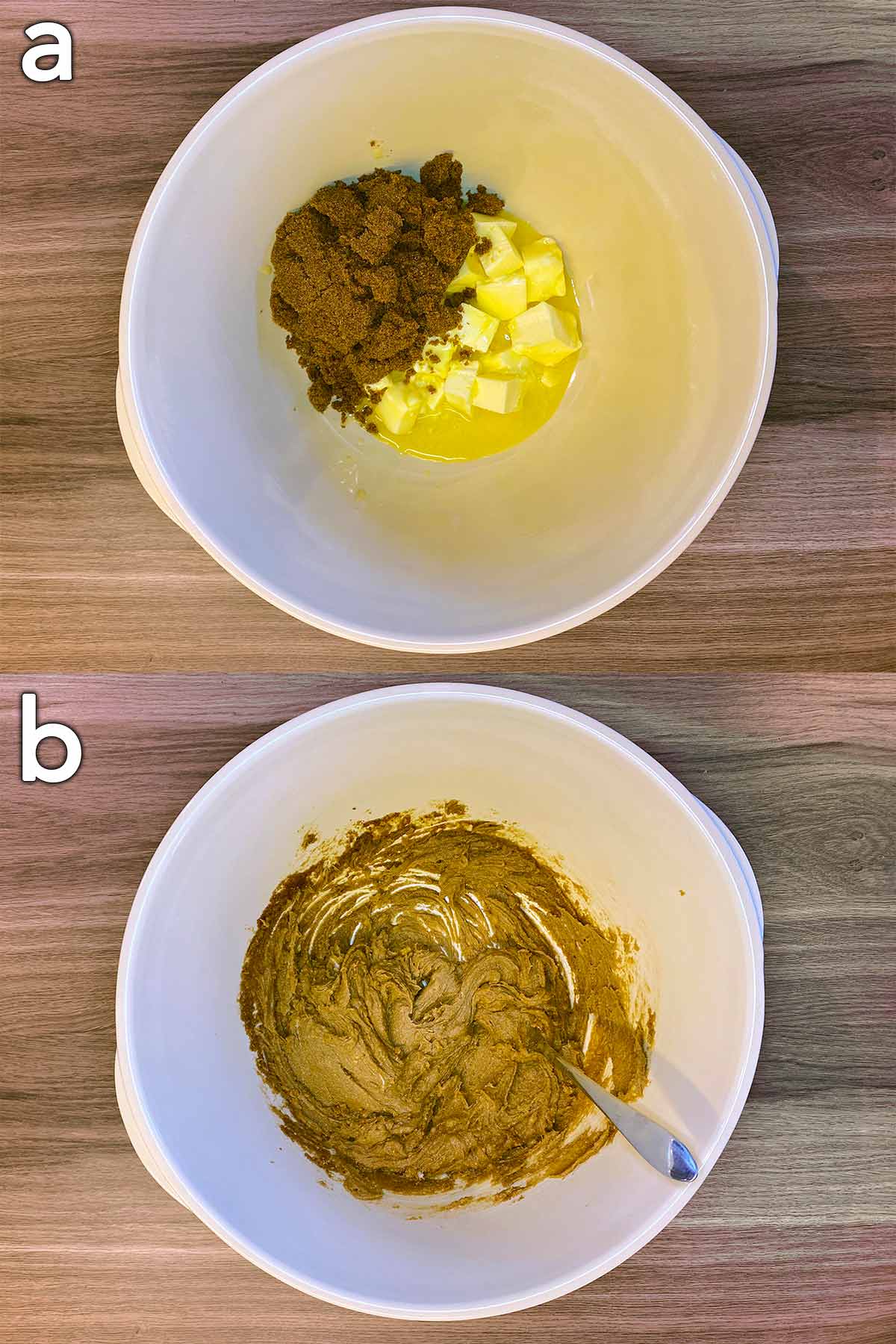Two shot collage of butter and sugar in a bowl, before and after creaming together.