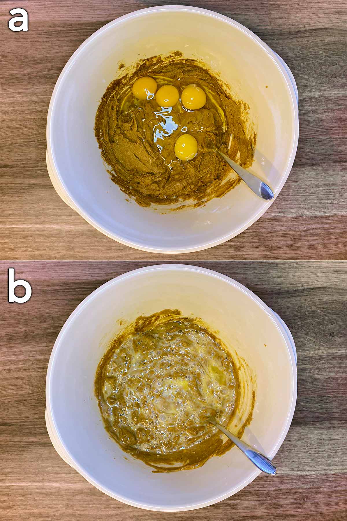 Four eggs added to the bowl, then mixed in.