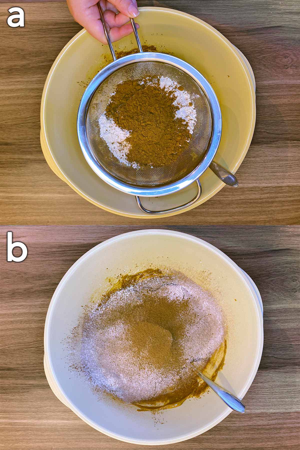 A sieve with flour and cocoa over the bowl, then them in the bowl.