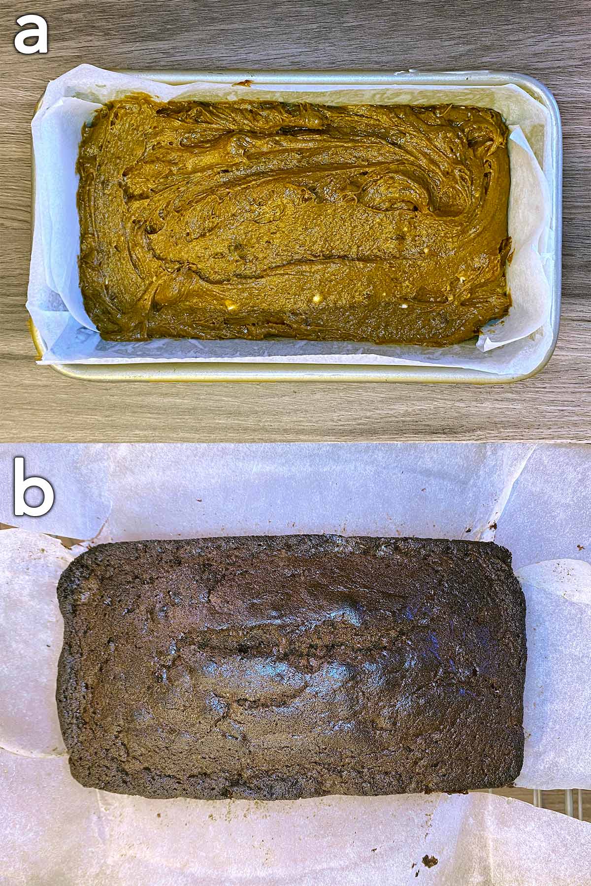 Cake batter in a loaf tin, then a cooked chocolate cake.