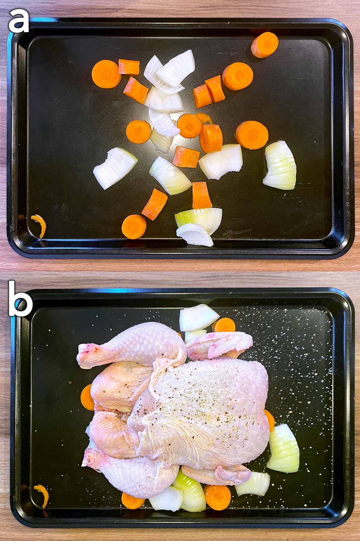 Two shot collage of chopped carrots and onions on a baking tray then with a chicken on top.