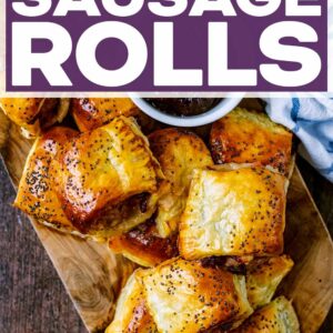 Christmas sausage rolls with a text title overlay.
