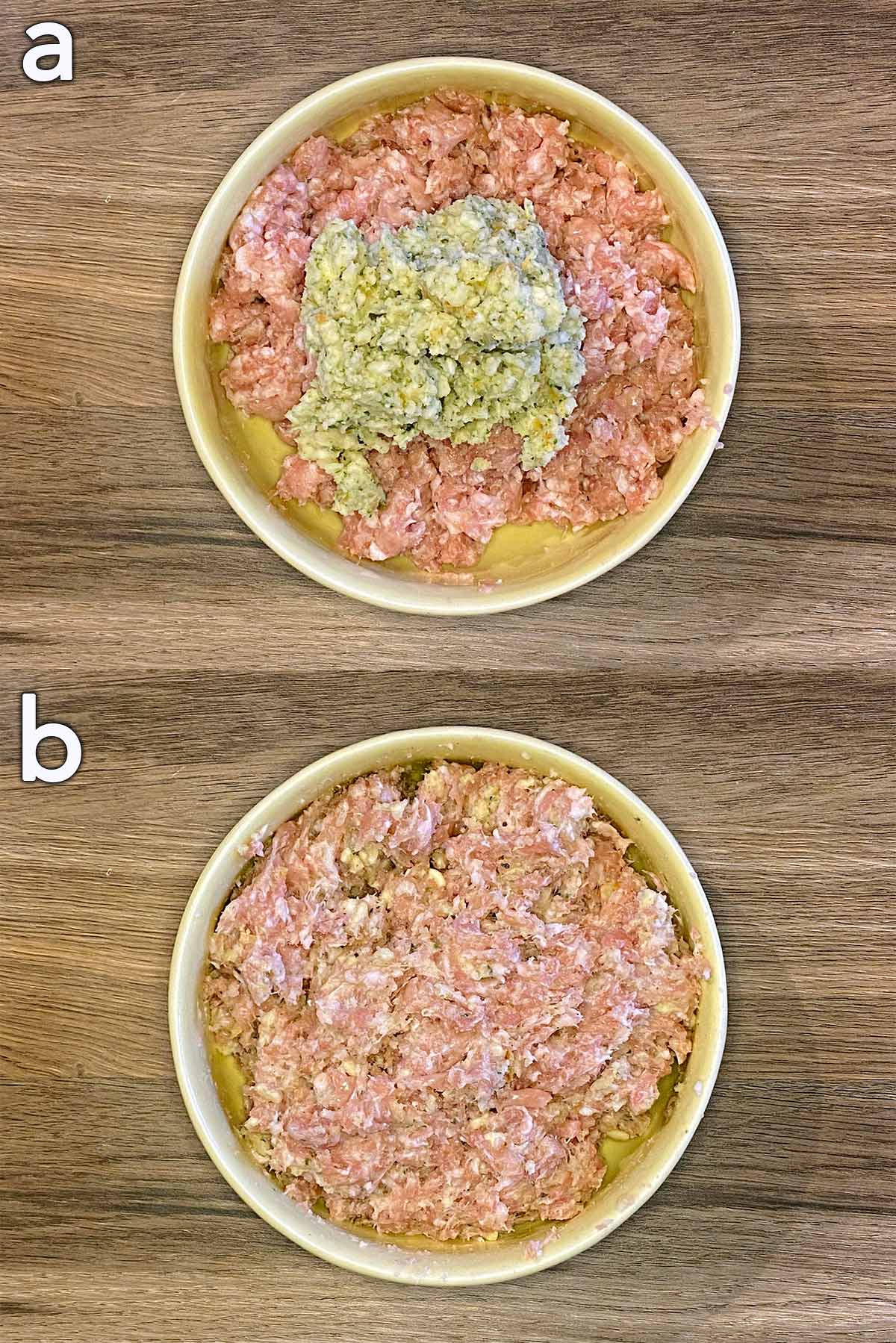 Two shot collage of sausage meat and stuffing in a bowl, before and after mixing together.