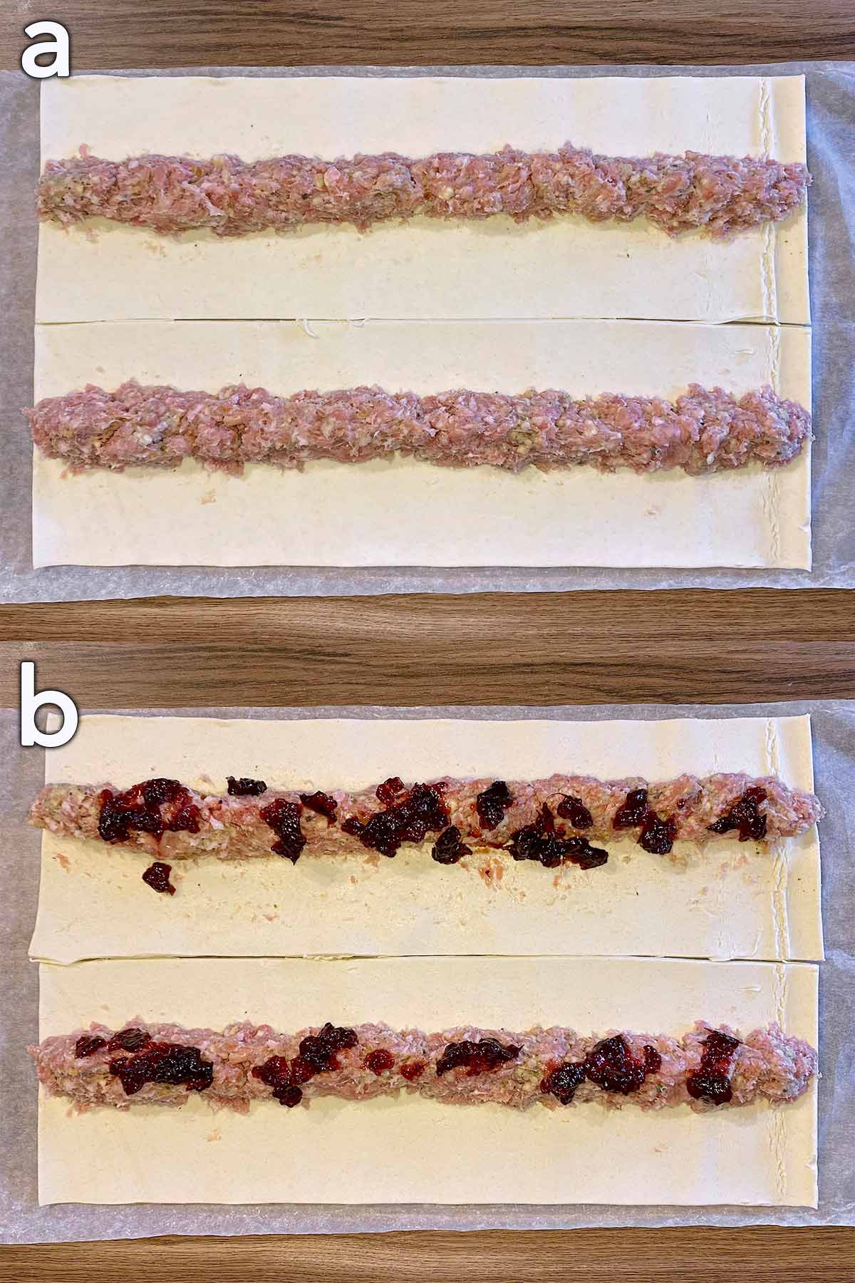 Two shot collage of sausage meat on a sheet of pastry, then with cranberry sauce on top.