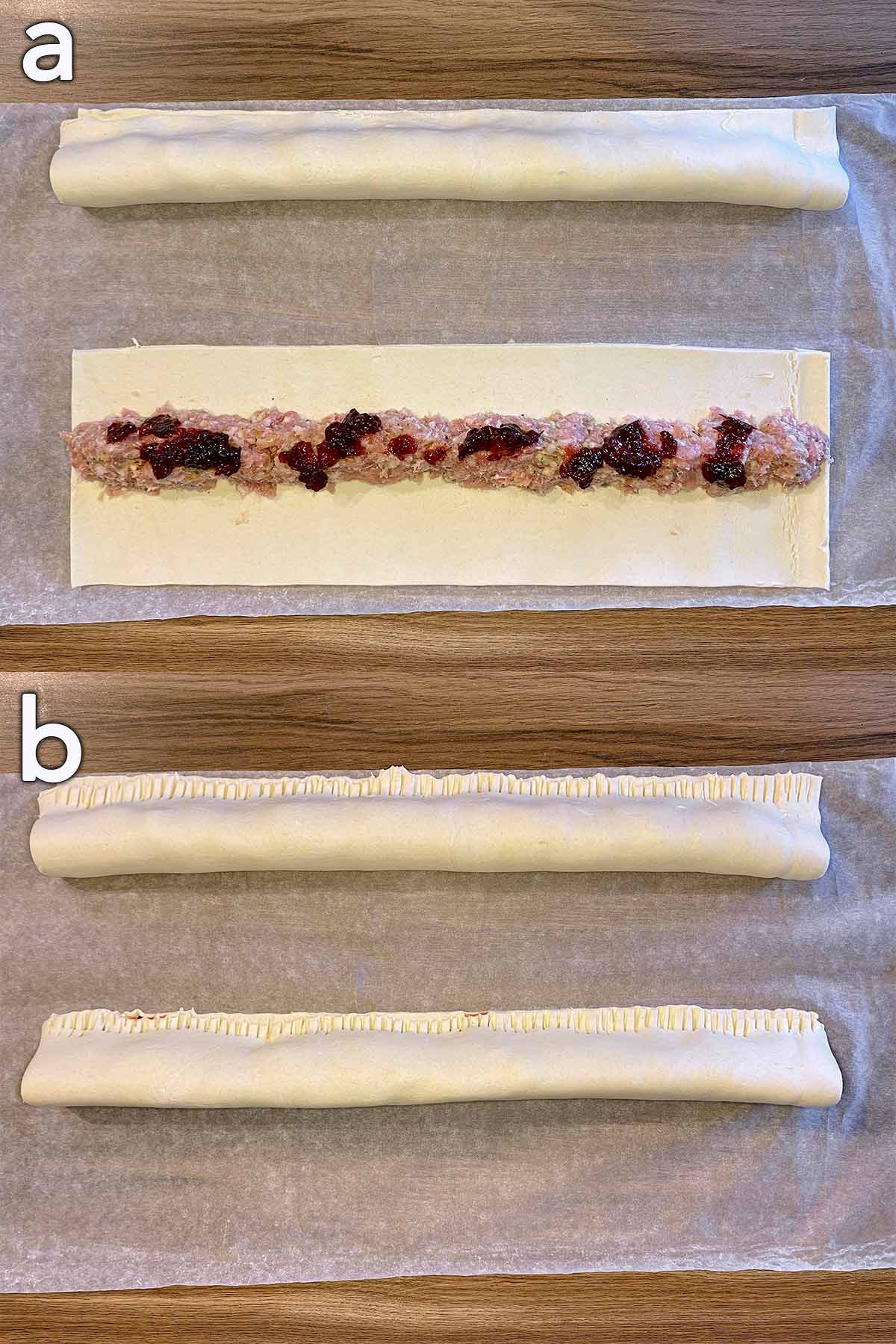 Two shot collage showing the pastry being folded over the meat to encase it.