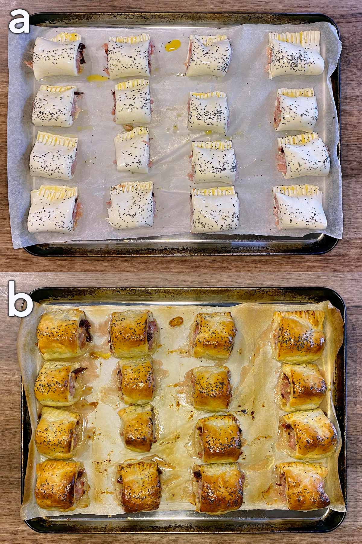 Two shot collage of 16 sausage rolls on a baking tray, before and after cooking.