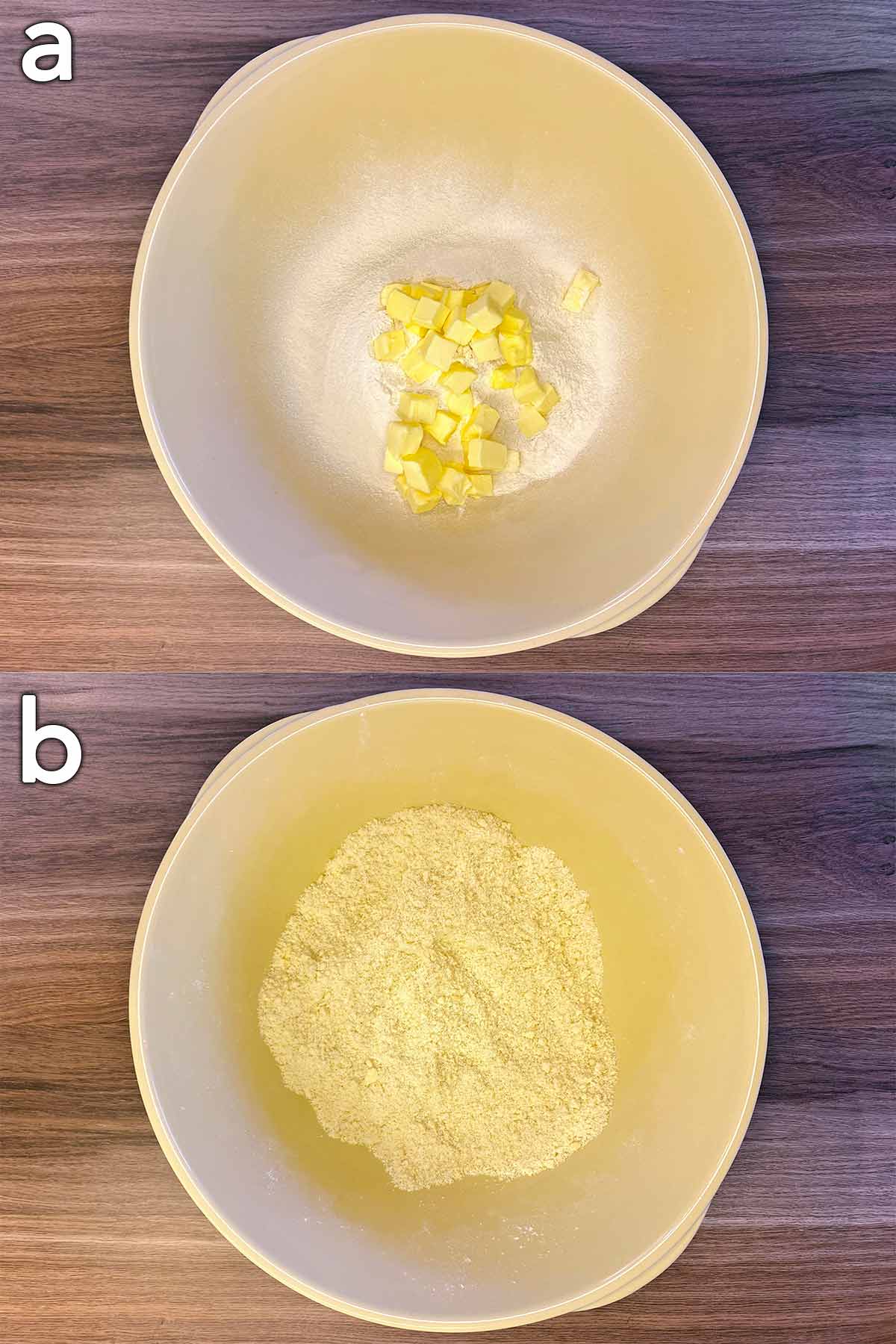 Two shot collage of flour and butter in a bowl, then mixed together.