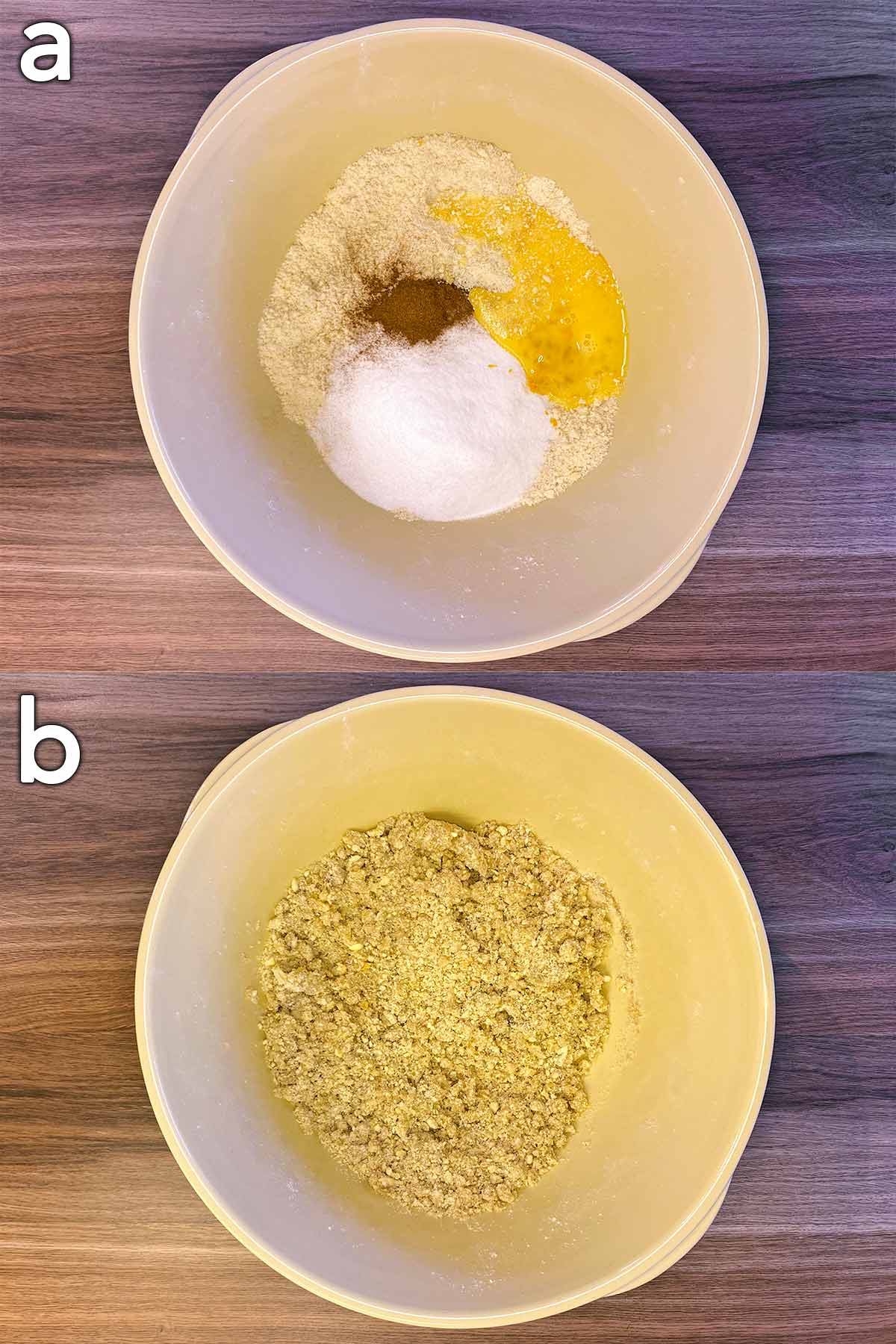 Two shot collage of cinnamon, sugar and egg added to the bowl, then mixed together.
