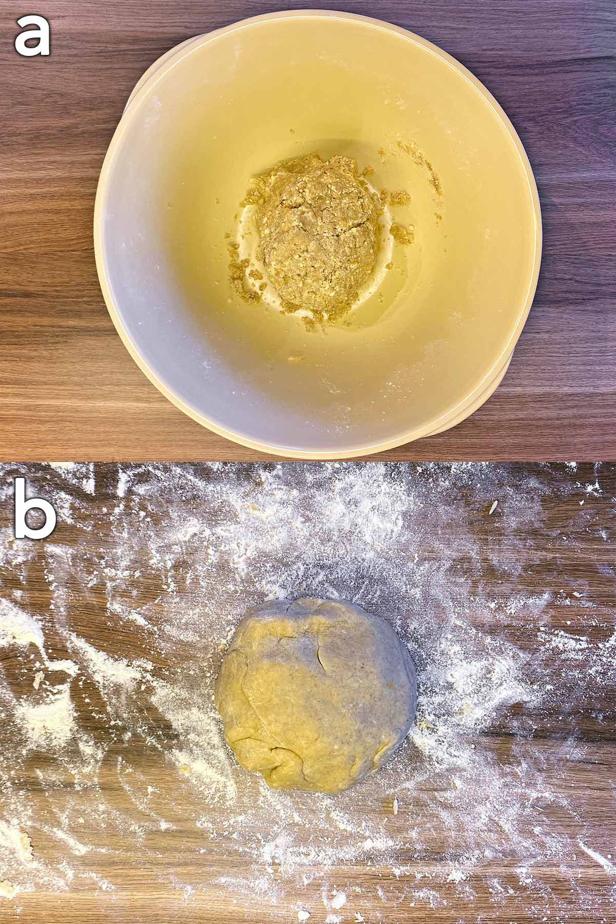 Two shot collage of biscuit dough in a bowl then on a floured surface.