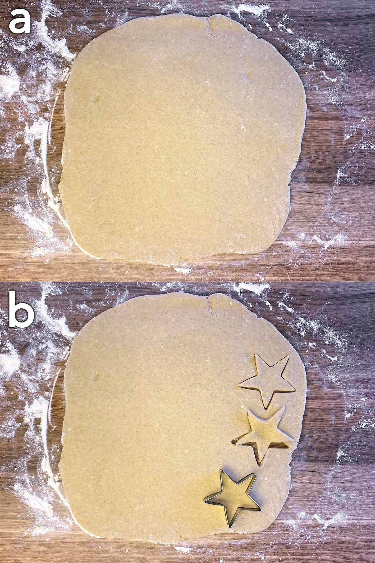 The dough rolled out, then with star shapes cut out.