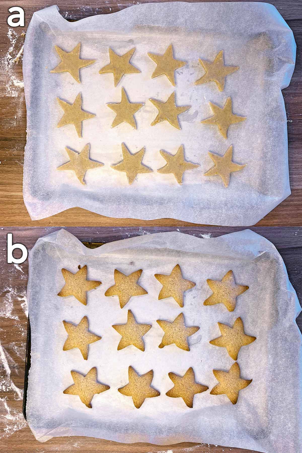 Star shaped biscuits on a baking tray, before and after cooking.