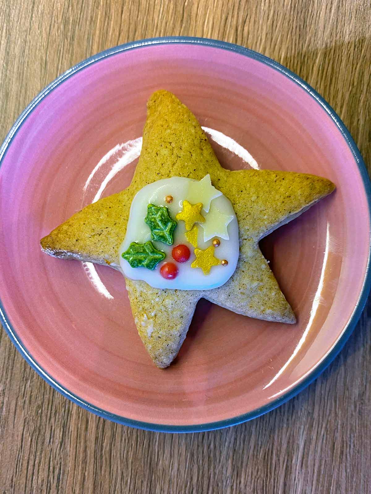 A star shaped biscuit decorated with icing and festive sprinkles.