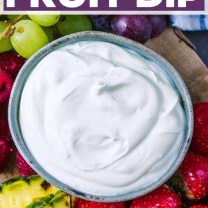 Cream cheese fruit dip with a text title overlay.