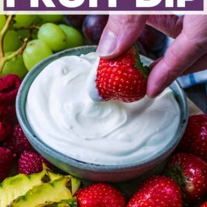 Cream cheese fruit dip with a text title overlay.